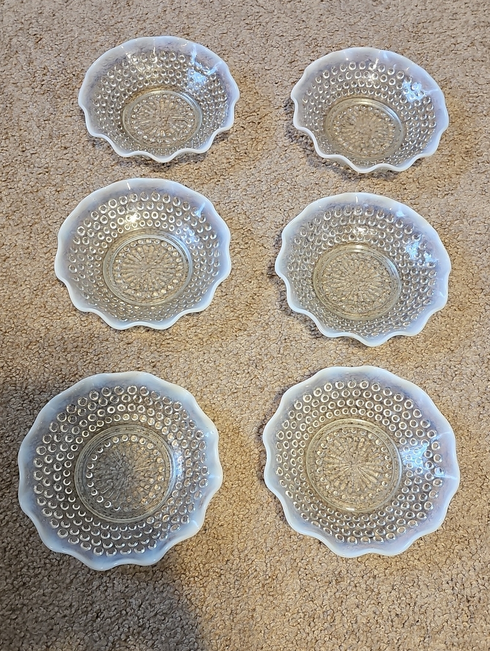 Vintage 6 Anchor Hocking " Moonstone " Opalescent Hobnail Berry Bowls 5 3/4"
